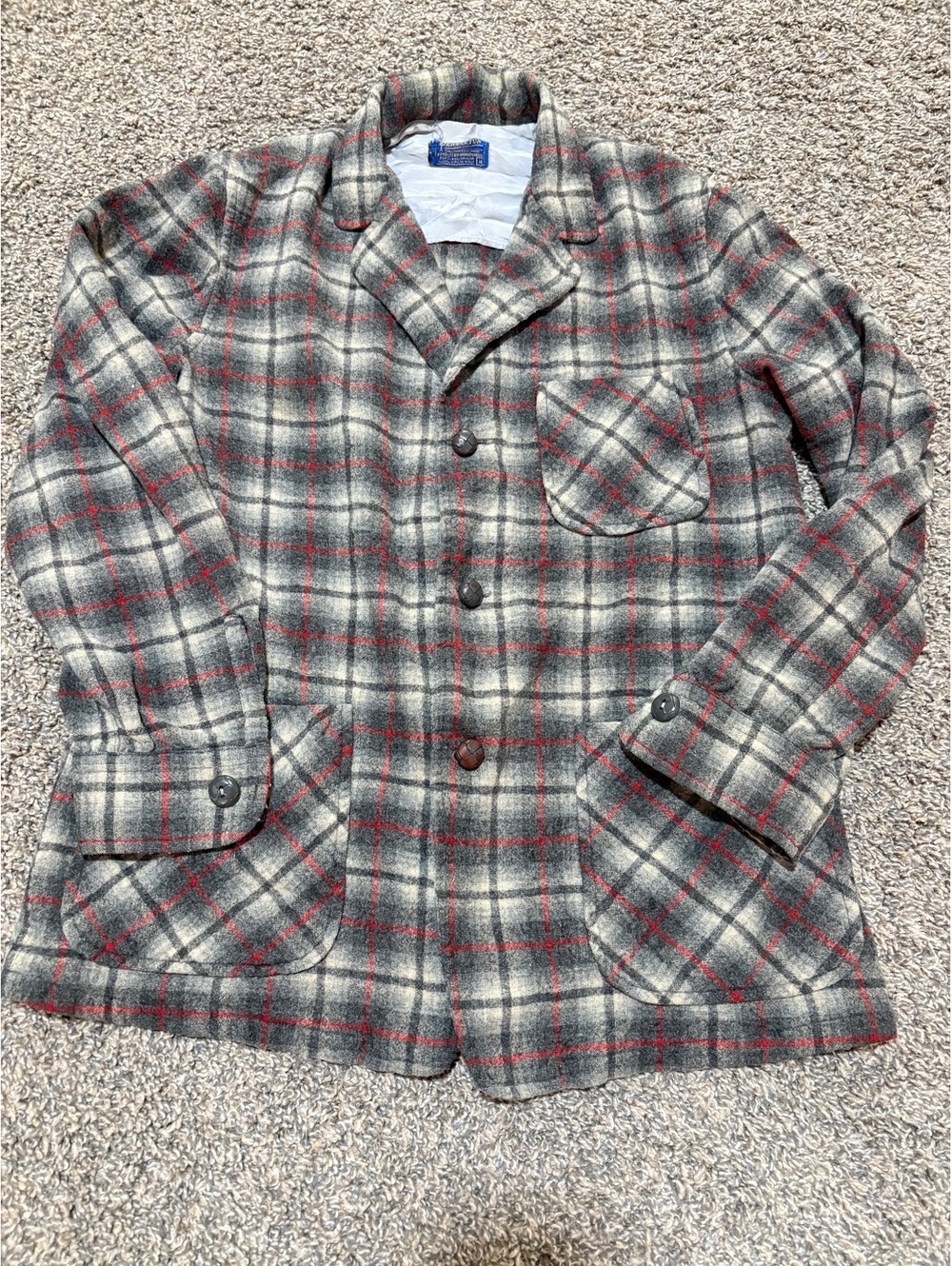 Vintage 50s Pendleton Wool Plaid Shirt Jacket 49er Topster Grey Red Men’s Medium